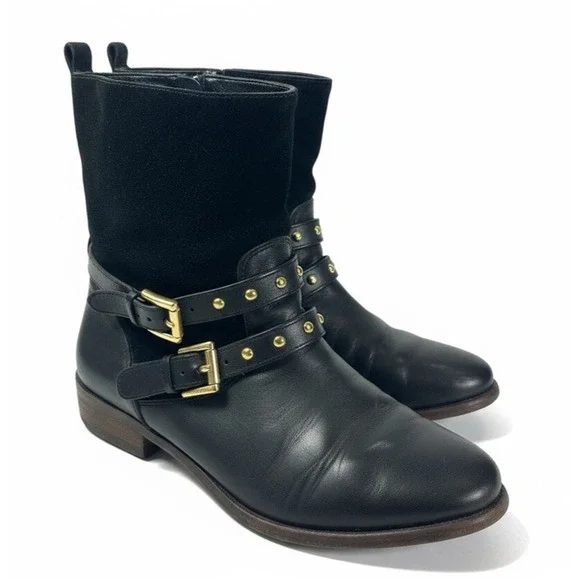 Coach Lilliana Leather Ankle Moto Boots Size 7.5 B Gold Studded Buckle Shoes - Picture 2 of 16